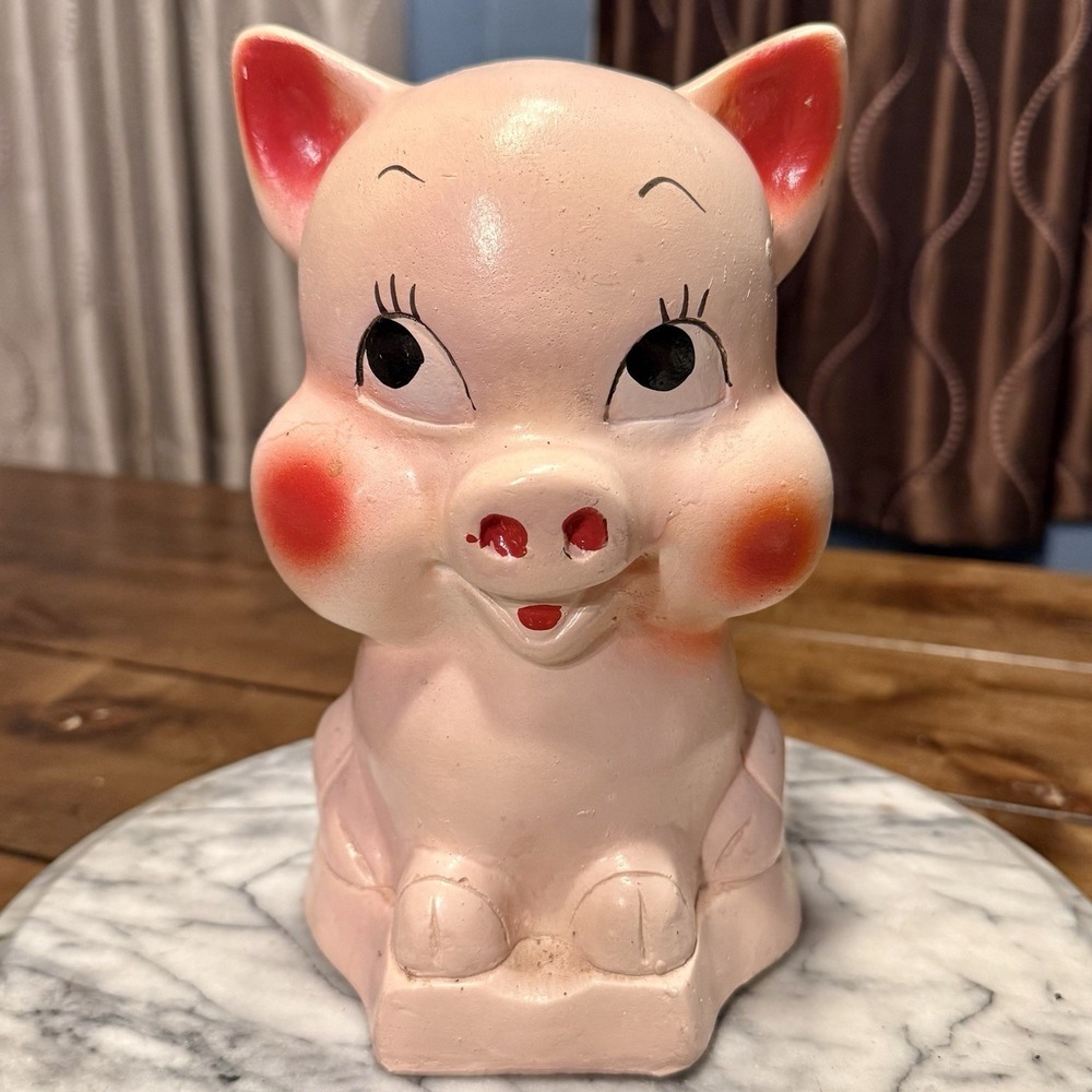 VTG 1950s Chalkware Anthromorphic Piggy Bank 9" Sealed Bottom & Top Hand Painted